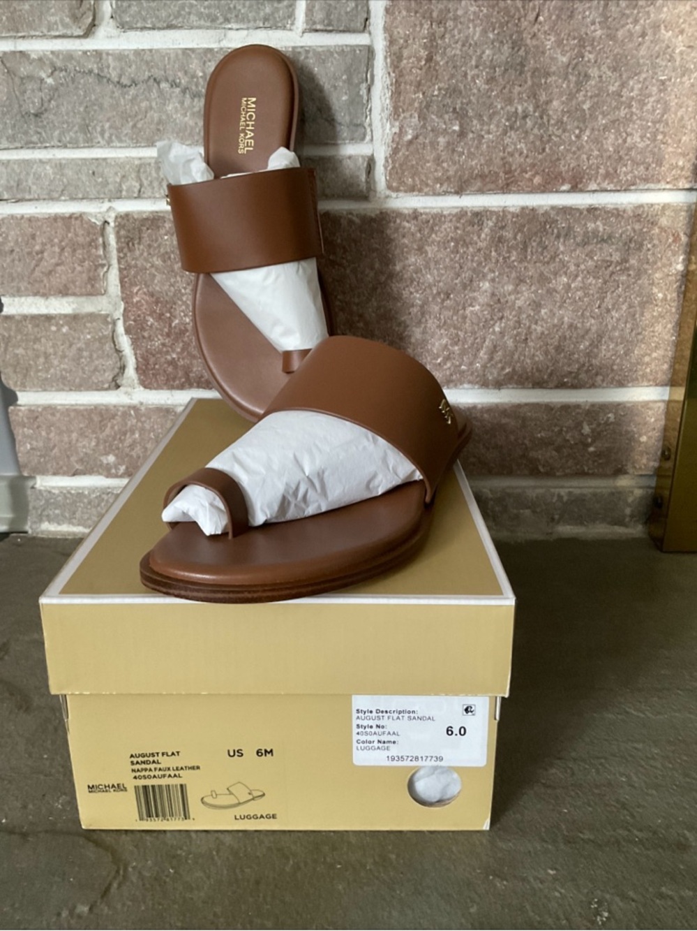 Michael Kors Luggage Brown Leather Toe-Loop Slide Sandals